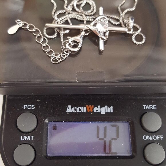 Silver Tone Chain and Cross Pendant with Heart Rhinestone Accent - Picture 3 of 3